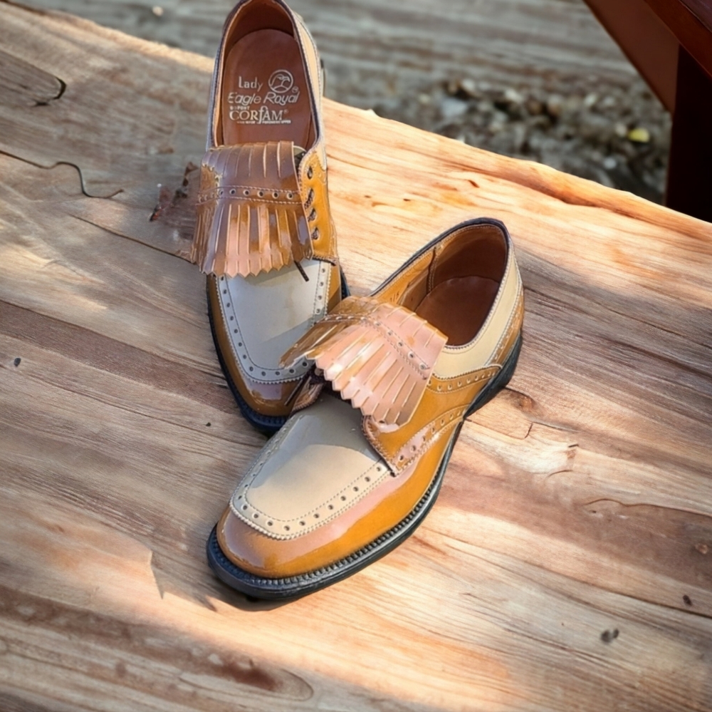 VINTAGE DUPONT CORFAM LADY EAGLE Golf Cleats 7 Spectator Kiltie Wingtip Loafers - Picture 4 of 16